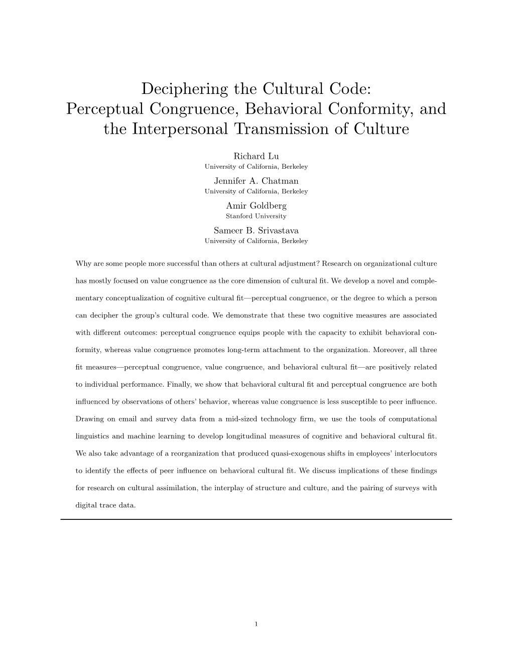 Deciphering the Cultural Code: Perceptual Congruence, Behavioral Conformity, and the Interpersonal Transmission of Culture