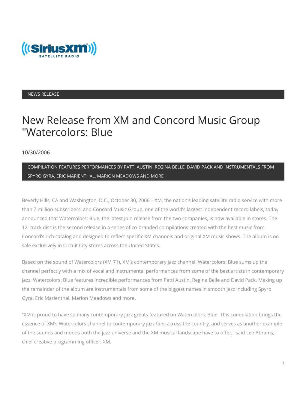 New Release from XM and Concord Music Group 