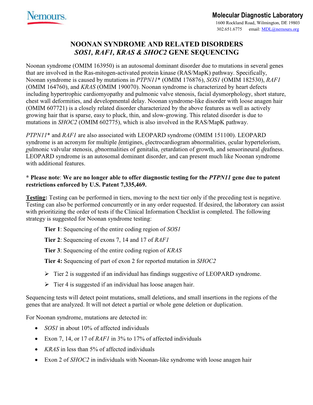 Noonan Syndrome and Related Disorders Sos1, Raf1, Kras & Shoc2 Gene Sequencing