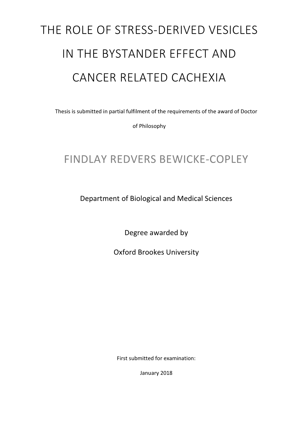 The Role of Stress-Derived Vesicles in the Bystander Effect and Cancer Related Cachexia