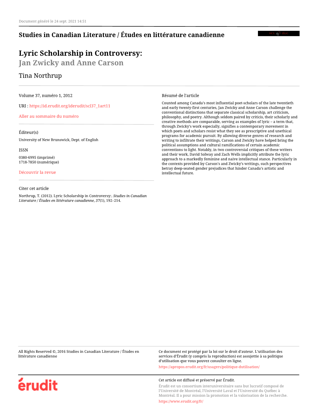 Lyric Scholarship in Controversy: Jan Zwicky and Anne Carson Tina Northrup