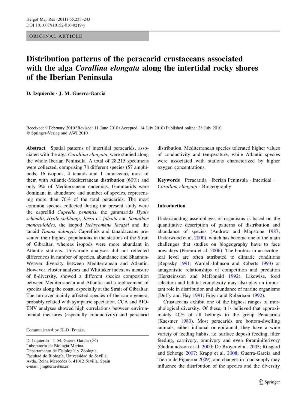 Distribution Patterns of the Peracarid Crustaceans Associated with the Alga Corallina Elongata Along the Intertidal Rocky Shores of the Iberian Peninsula