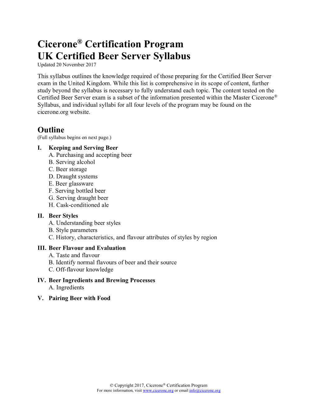Cicerone® Certification Program UK Certified Beer Server Syllabus Updated 20 November 2017