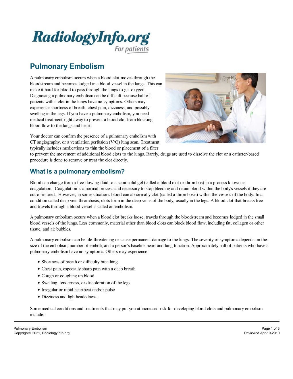 Pulmonary Embolism a Pulmonary Embolism Occurs When a Blood Clot Moves Through the Bloodstream and Becomes Lodged in a Blood Vessel in the Lungs