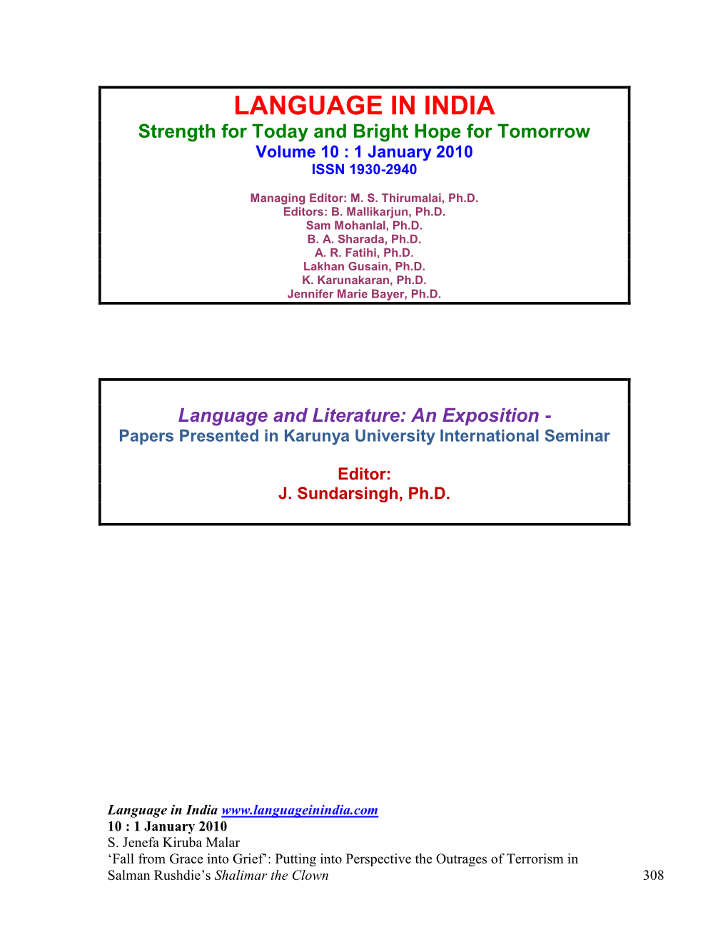 Strength for Today and Bright Hope for Tomorrow Volume 10 : 1 January 2010 ISSN 1930-2940