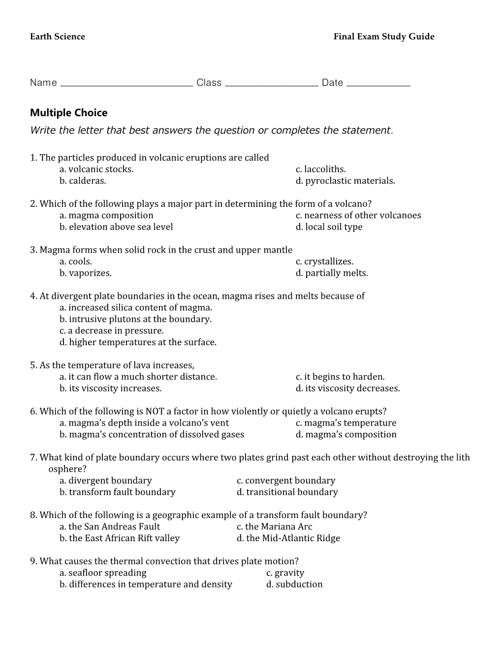 Earth Science Final Exam Study Guide