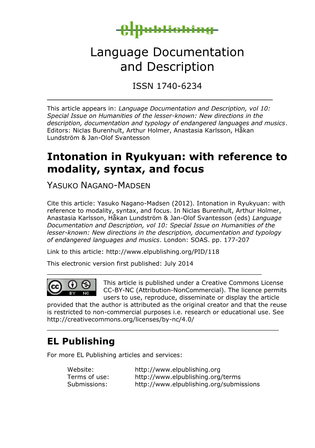 Intonation in Ryukyuan: with Reference to Modality, Syntax, and Focus