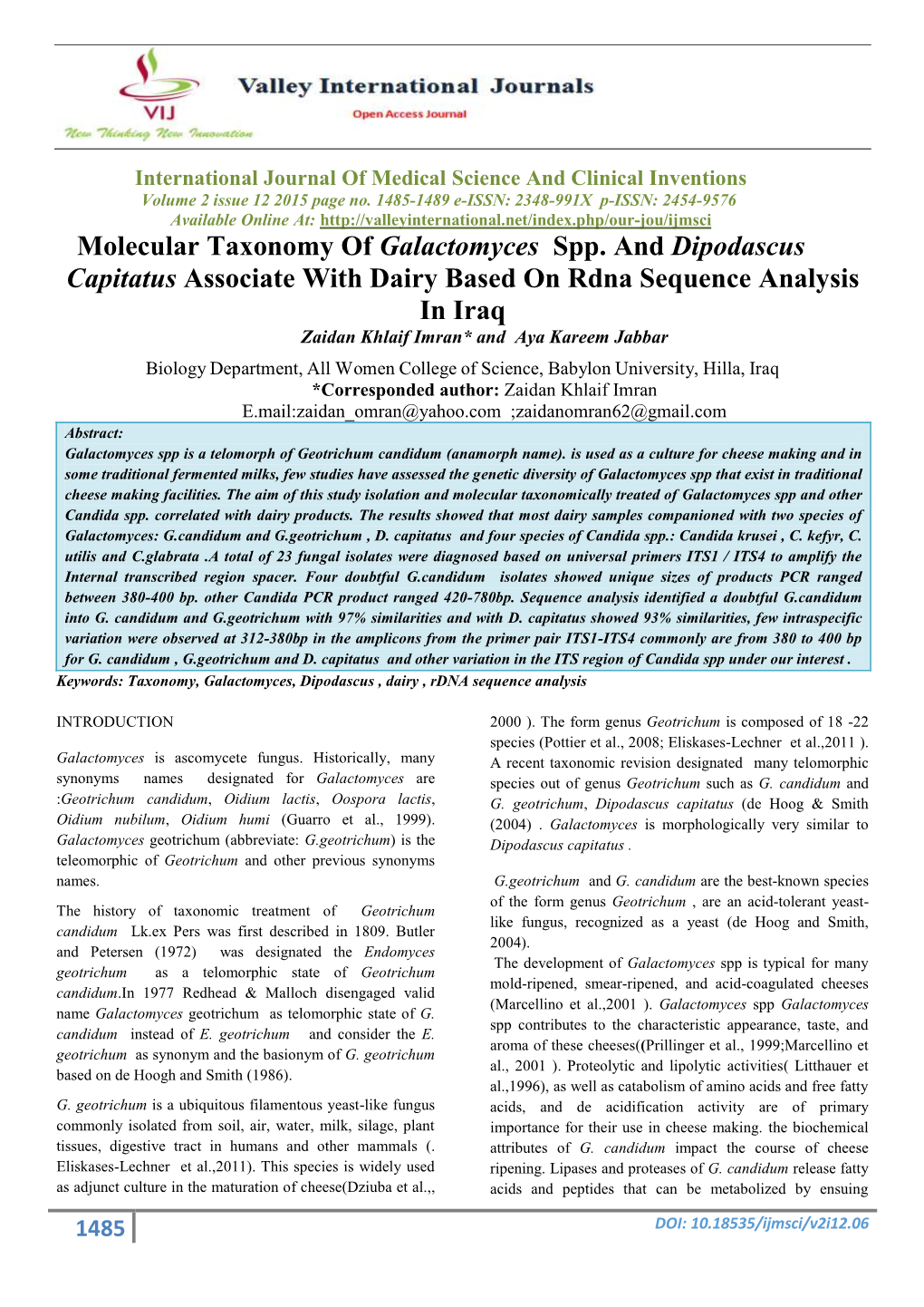 Molecular Taxonomy of Galactomyces Spp. and Dipodascus Capitatus