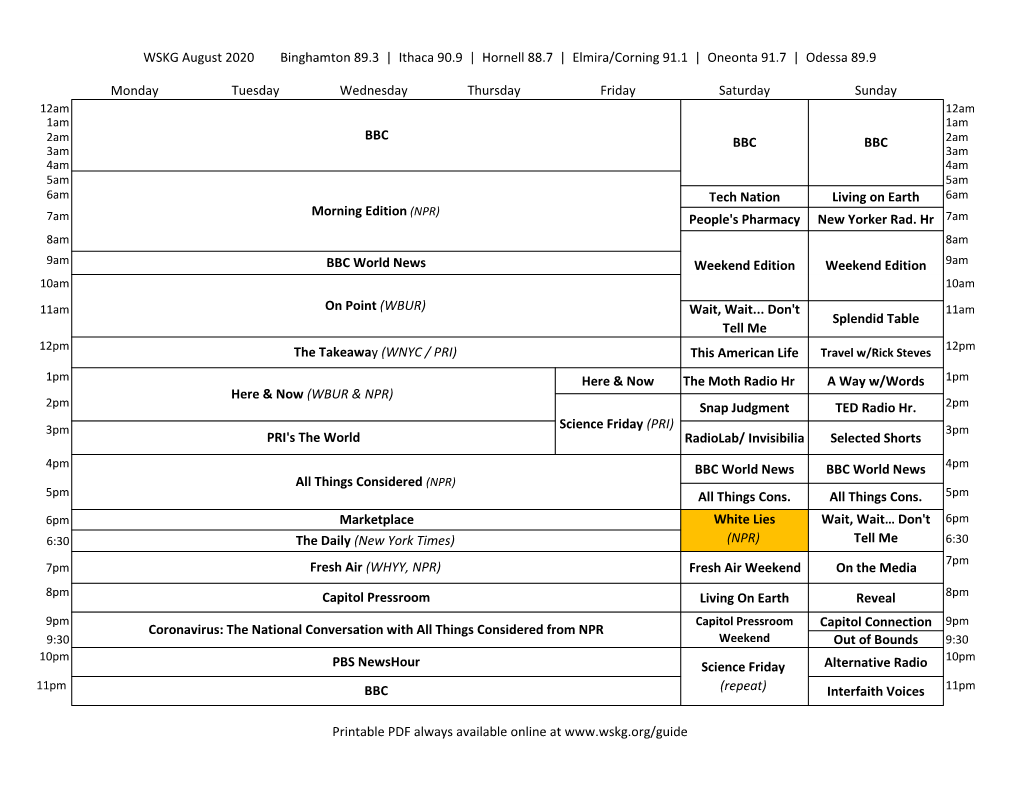 Radio WSKG-WSQX Grid AUGUST 2020