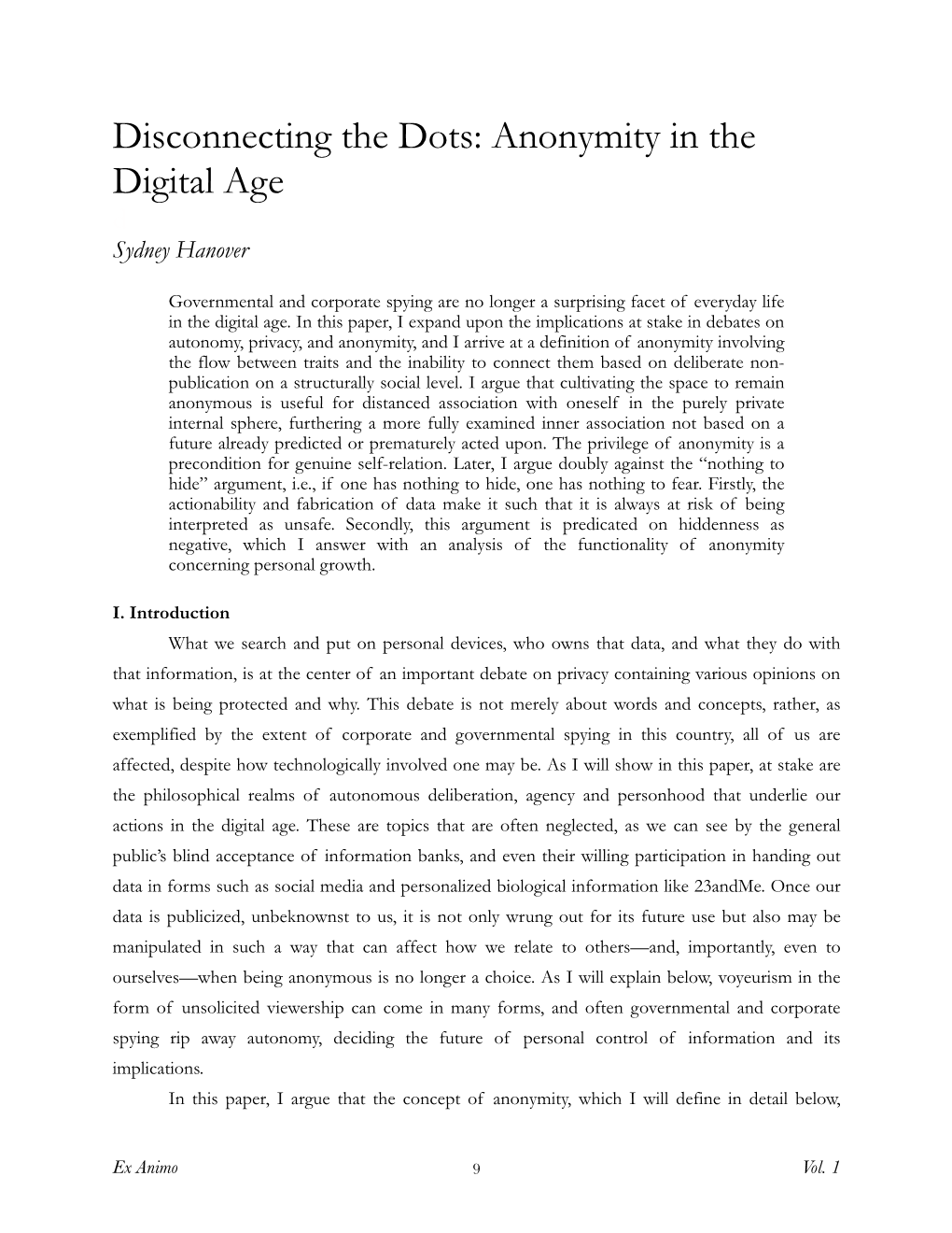 Disconnecting the Dots: Anonymity in the Digital Age D Sydney Hanover