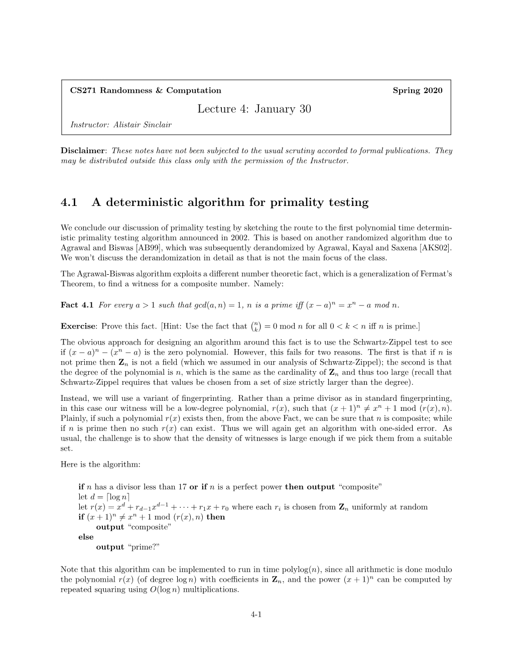 January 30 4.1 a Deterministic Algorithm for Primality Testing