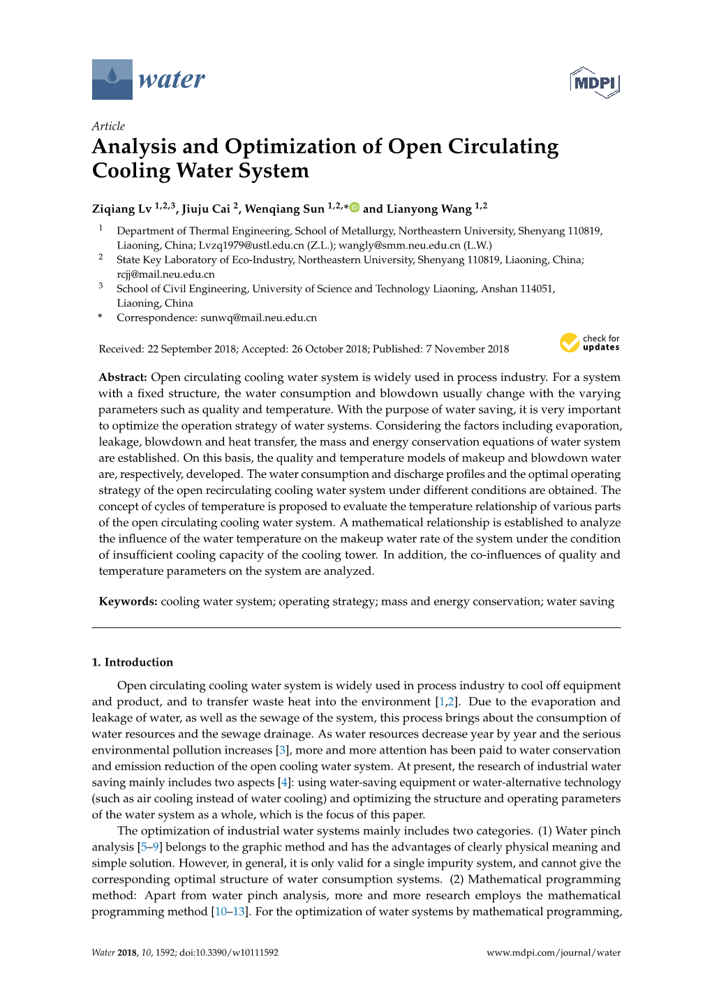 Analysis and Optimization of Open Circulating Cooling Water System