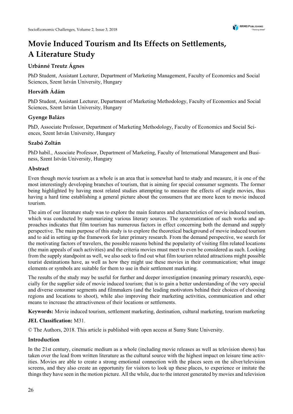 Movie Induced Tourism and Its Effects on Settlements, a Literature Study