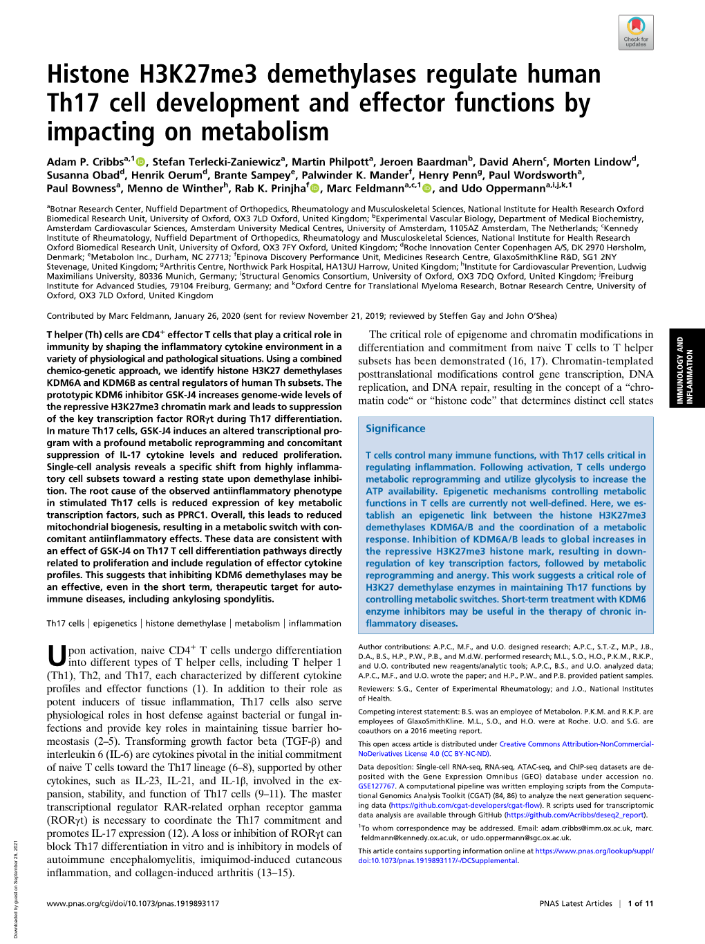 Histone H3k27me3 Demethylases Regulate Human Th17 Cell Development and Effector Functions by Impacting on Metabolism