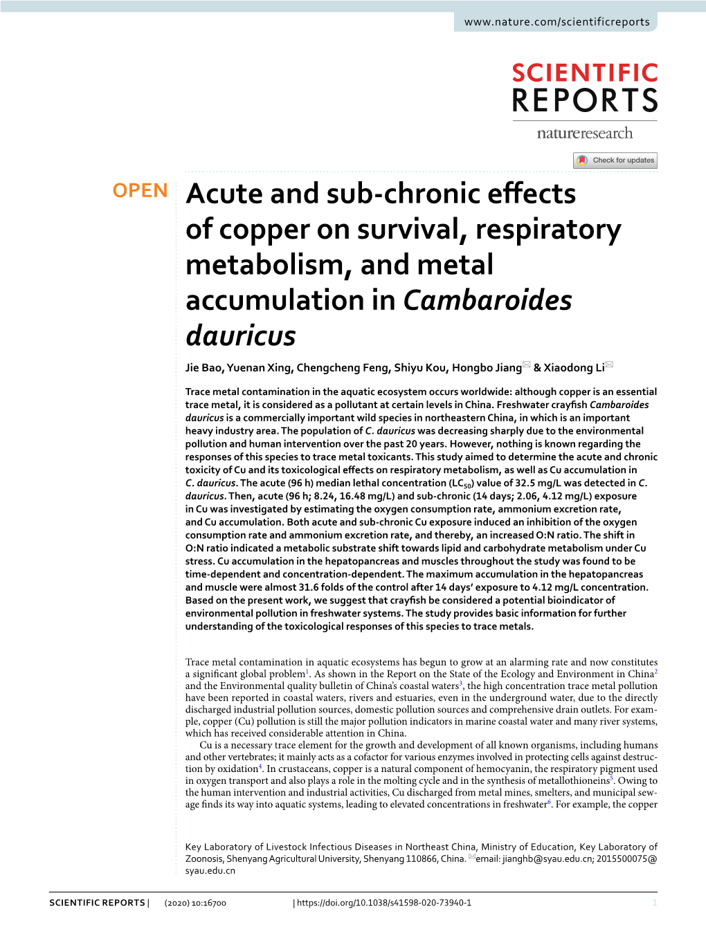 Acute and Sub-Chronic Effects of Copper on Survival, Respiratory