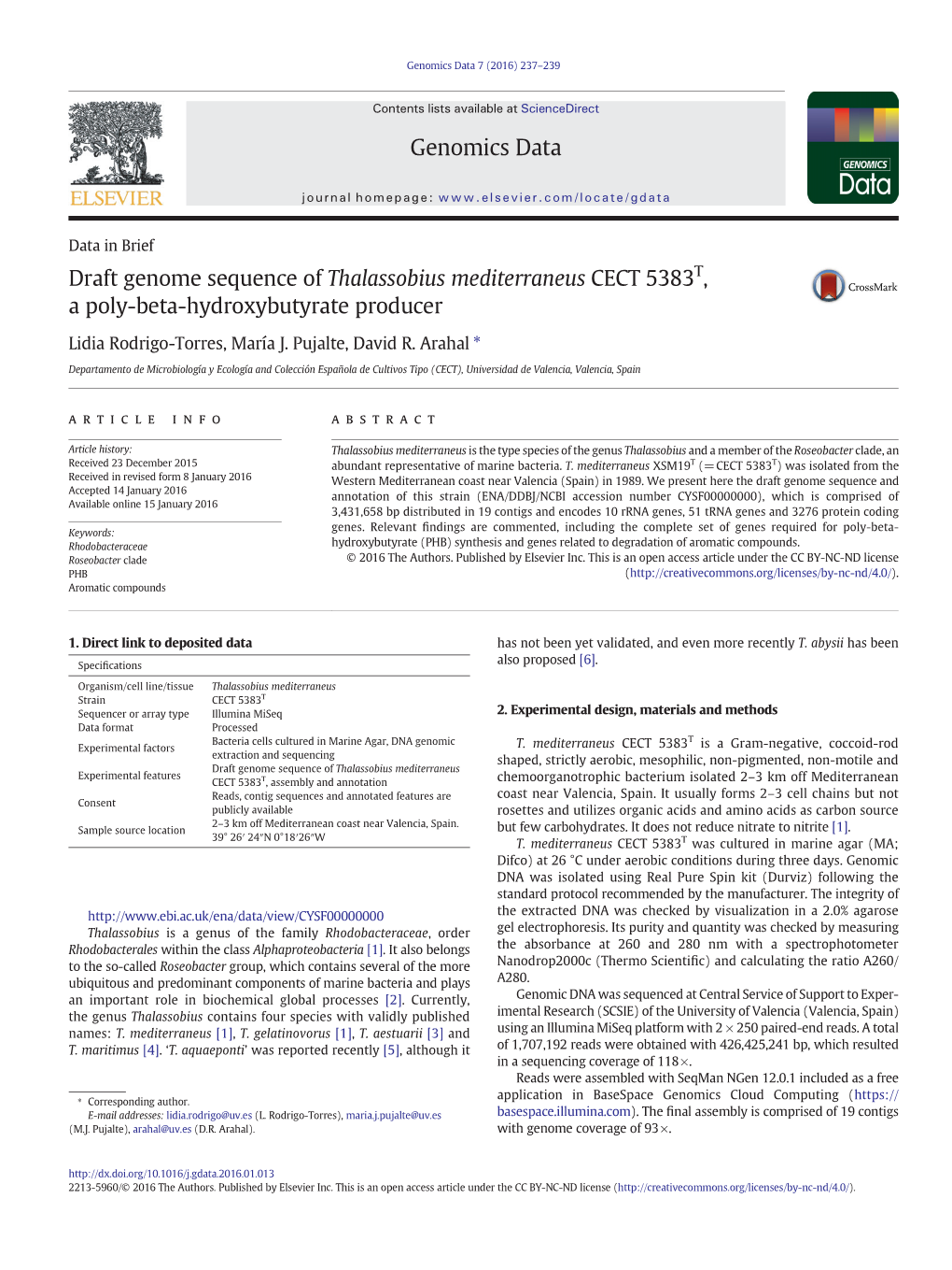 Draft Genome Sequence of Thalassobius Mediterraneus CECT 5383T, a Poly-Beta-Hydroxybutyrate Producer