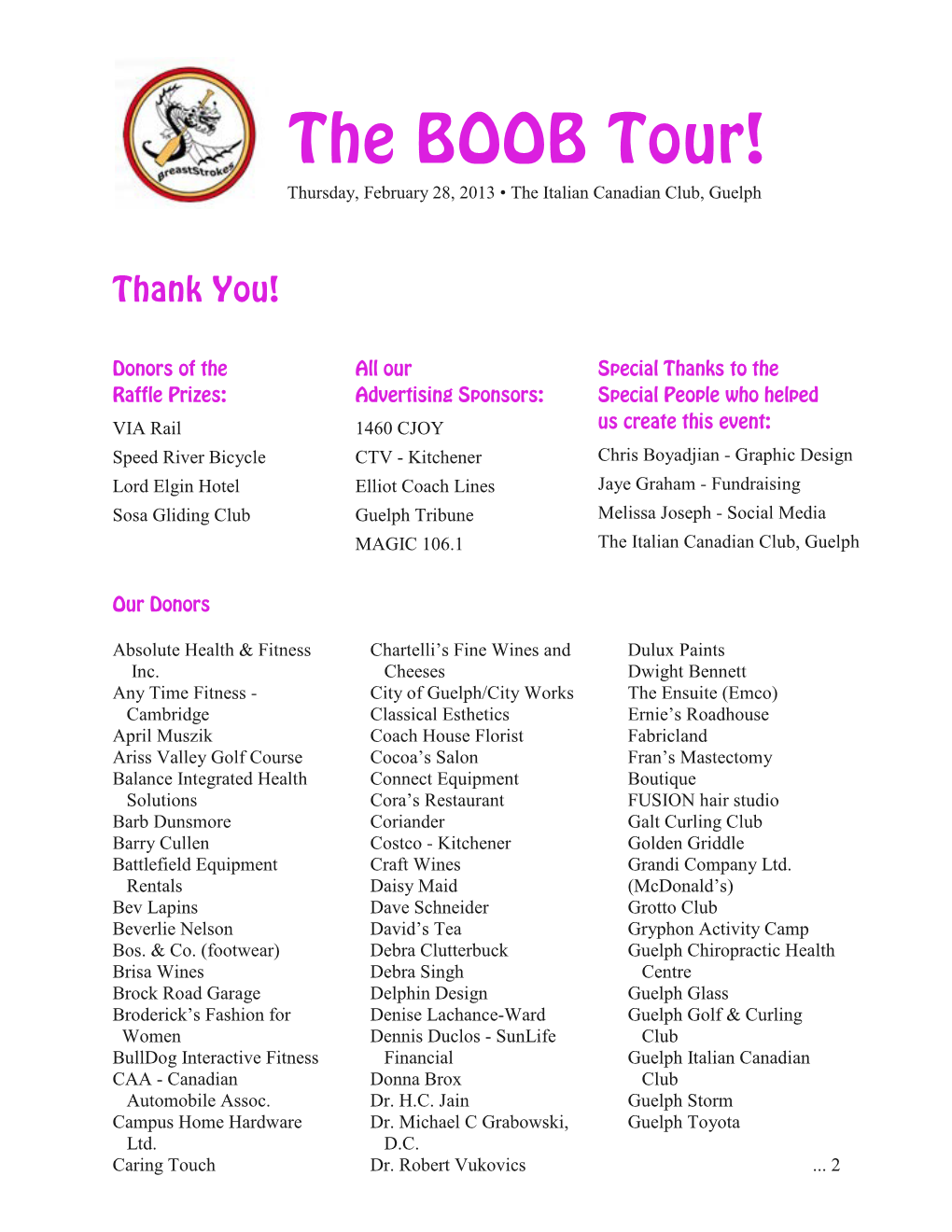 The BOOB Tour! Thursday, February 28, 2013 • the Italian Canadian Club, Guelph