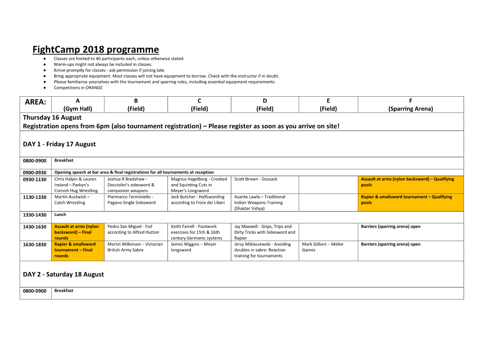 Fightcamp 2018 Programme ● Classes Are Limited to 40 Participants Each, Unless Otherwise Stated