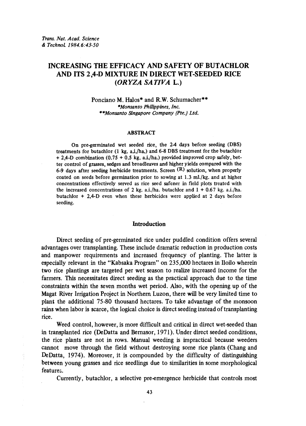 Increasing the Efficacy and Safety of Butachlor and Its 2,4-D Mixture in Direct Wet-Seeded Rice (Oryza Sat/Val.)