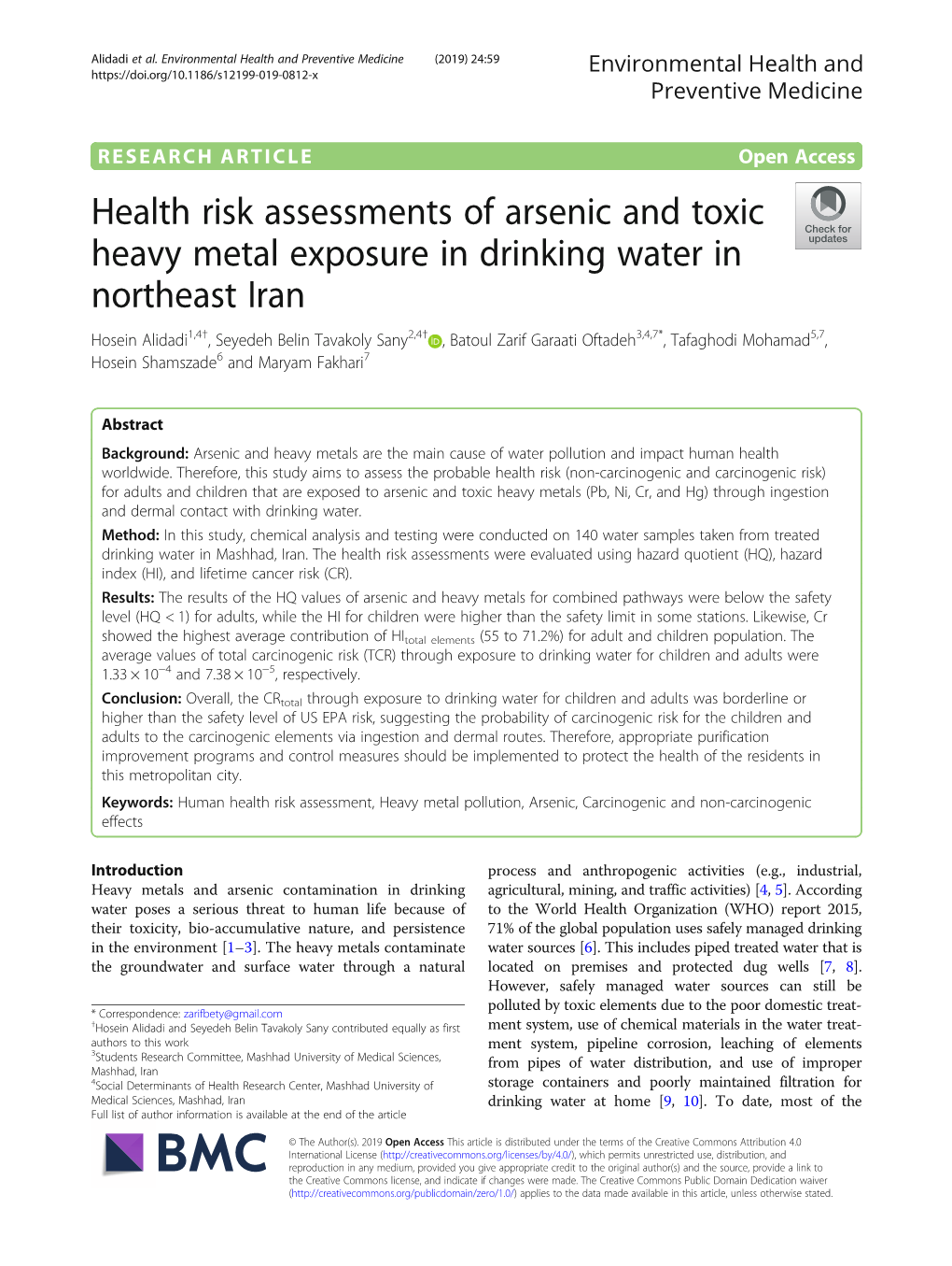 Health Risk Assessments of Arsenic and Toxic Heavy Metal Exposure in Drinking Water in Northeast Iran