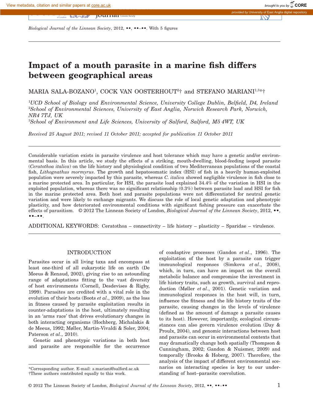 Impact of a Mouth Parasite in a Marine Fish Differs Between Geographical Areas