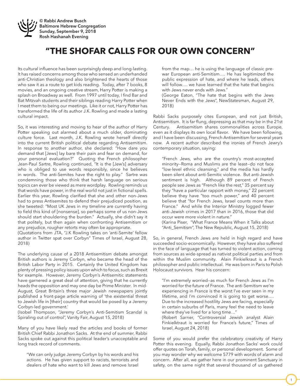 “The Shofar Calls for Our Own Concern”