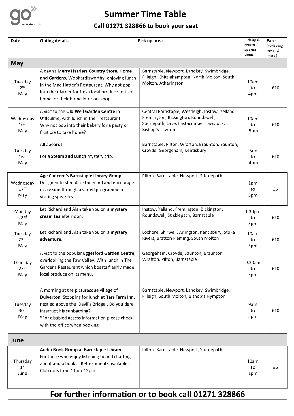 Summer Time Table Call 01271 328866 to Book Your Seat