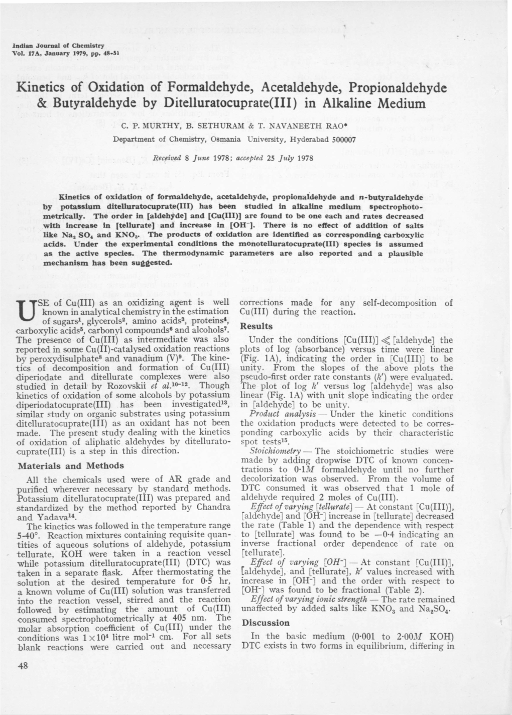 Kinetics of Oxidation of Formaldehyde, Acetaldehyde, Propionaldehyde & Butyraldehyde by Ditelluratocuprate(III) in Alkaline Medium