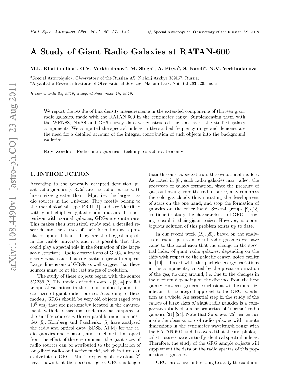 A Study of Giant Radio Galaxies at Ratan-600 173