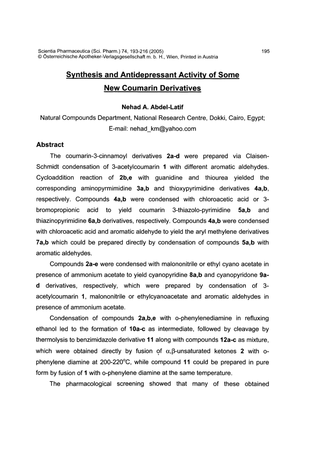 Synthesis and Antidepressant Activity of Some New Coumarin Derivatives