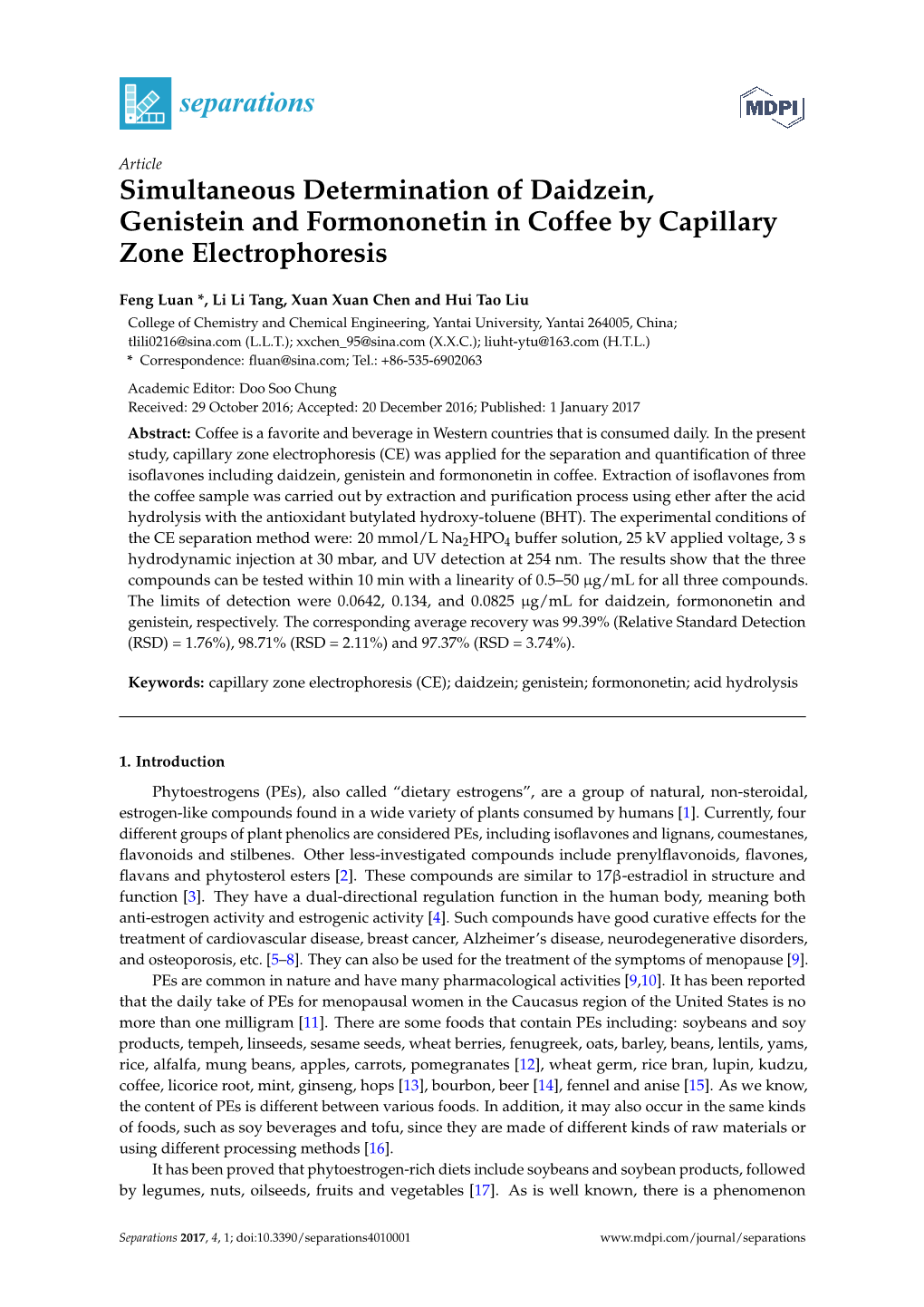 Simultaneous Determination of Daidzein, Genistein and Formononetin in Coffee by Capillary Zone Electrophoresis