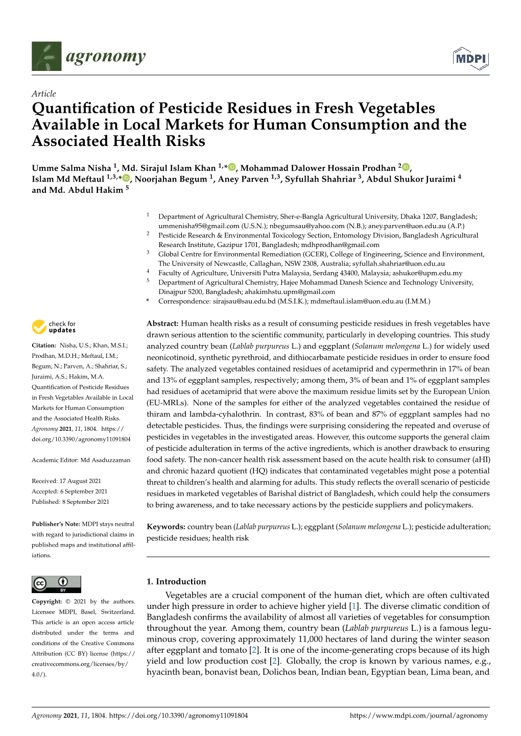 Quantification of Pesticide Residues in Fresh Vegetables Available