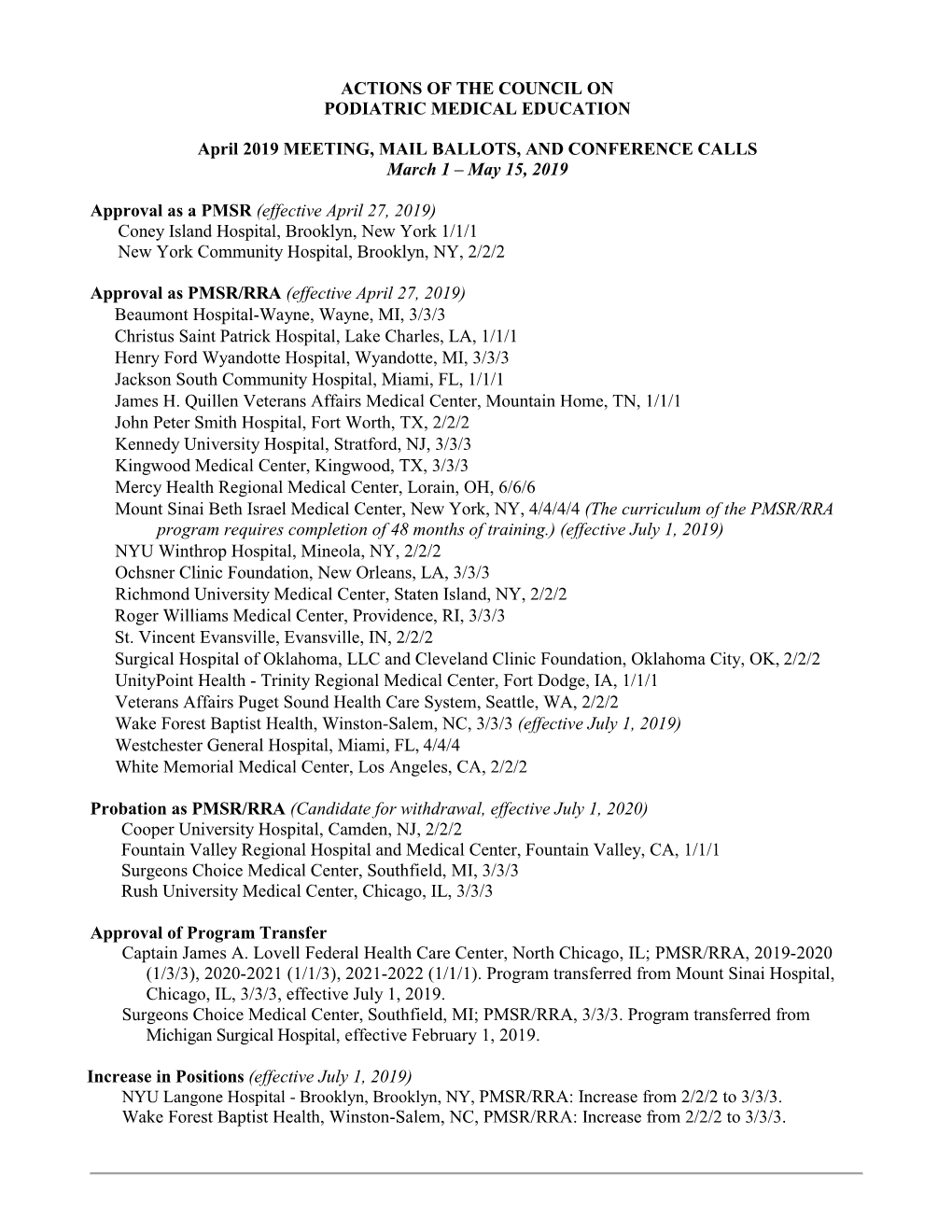 Actions of the Council on Podiatric Medical Education