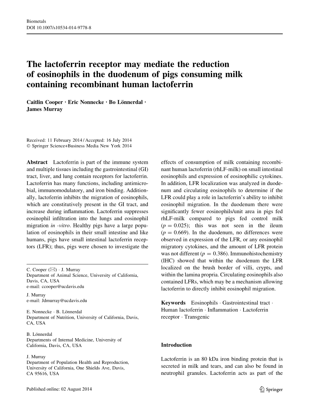 The Lactoferrin Receptor May Mediate the Reduction of Eosinophils in the Duodenum of Pigs Consuming Milk Containing Recombinant Human Lactoferrin