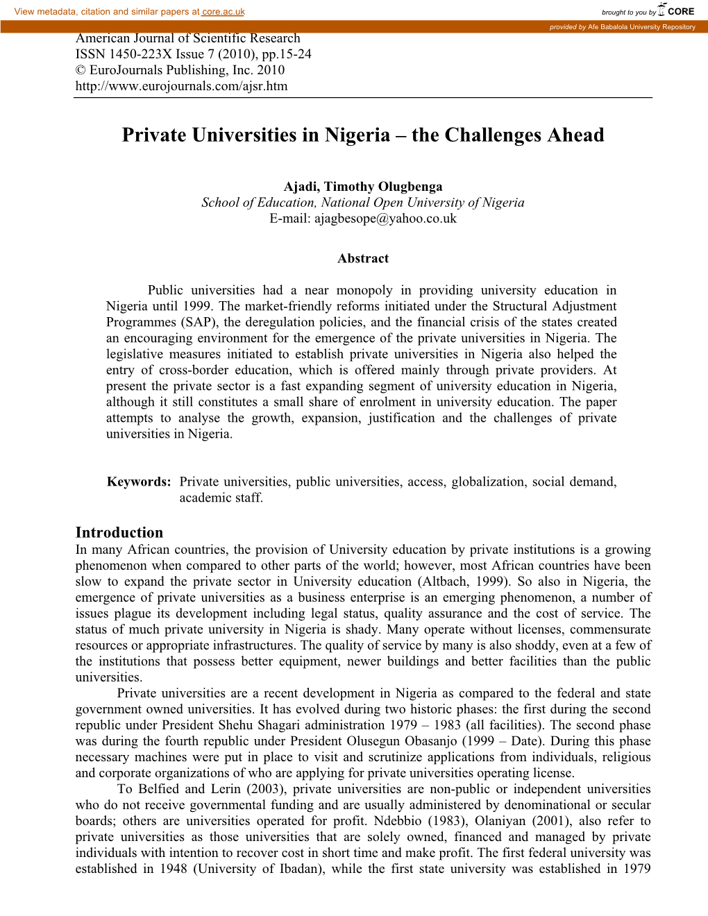 Private Universities in Nigeria – the Challenges Ahead