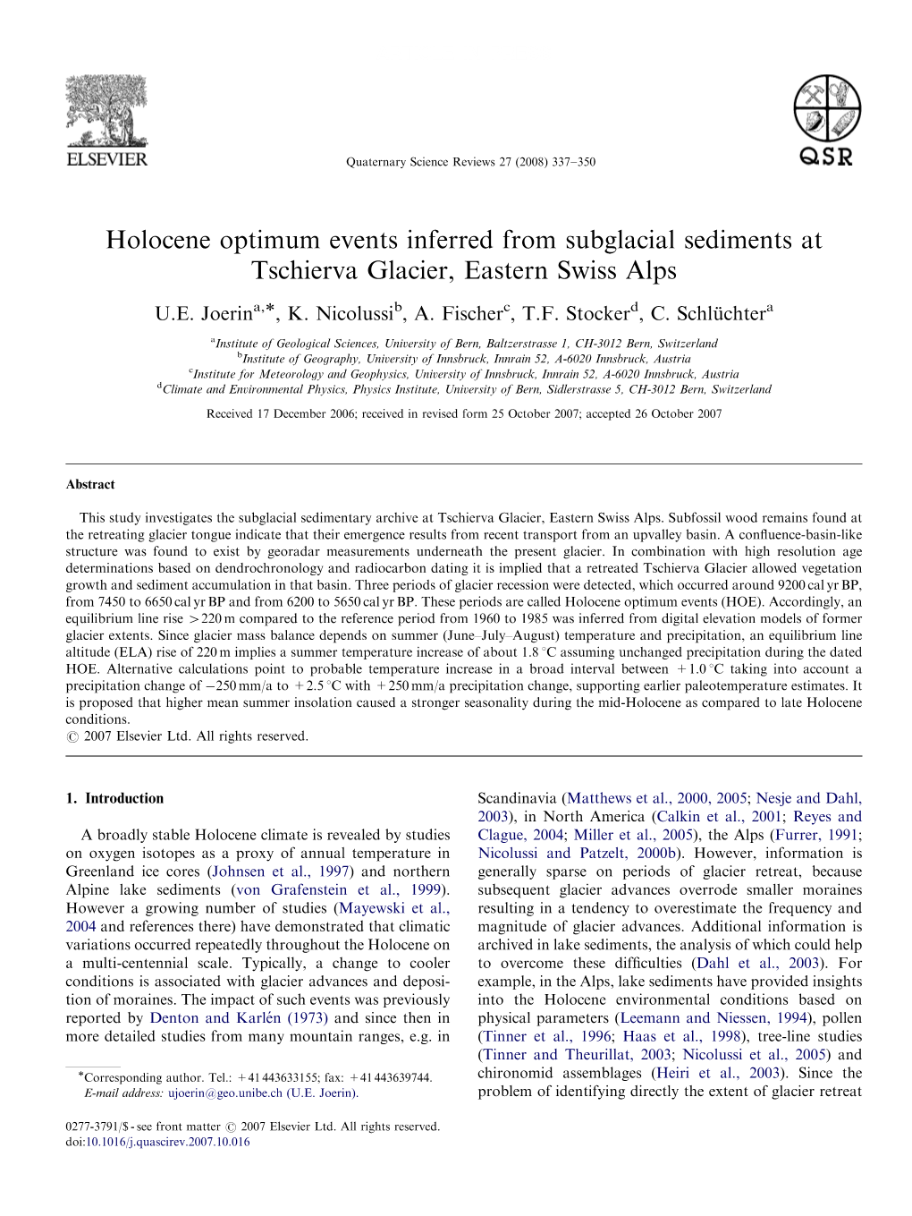 Holocene Optimum Events Inferred from Subglacial Sediments at Tschierva Glacier, Eastern Swiss Alps