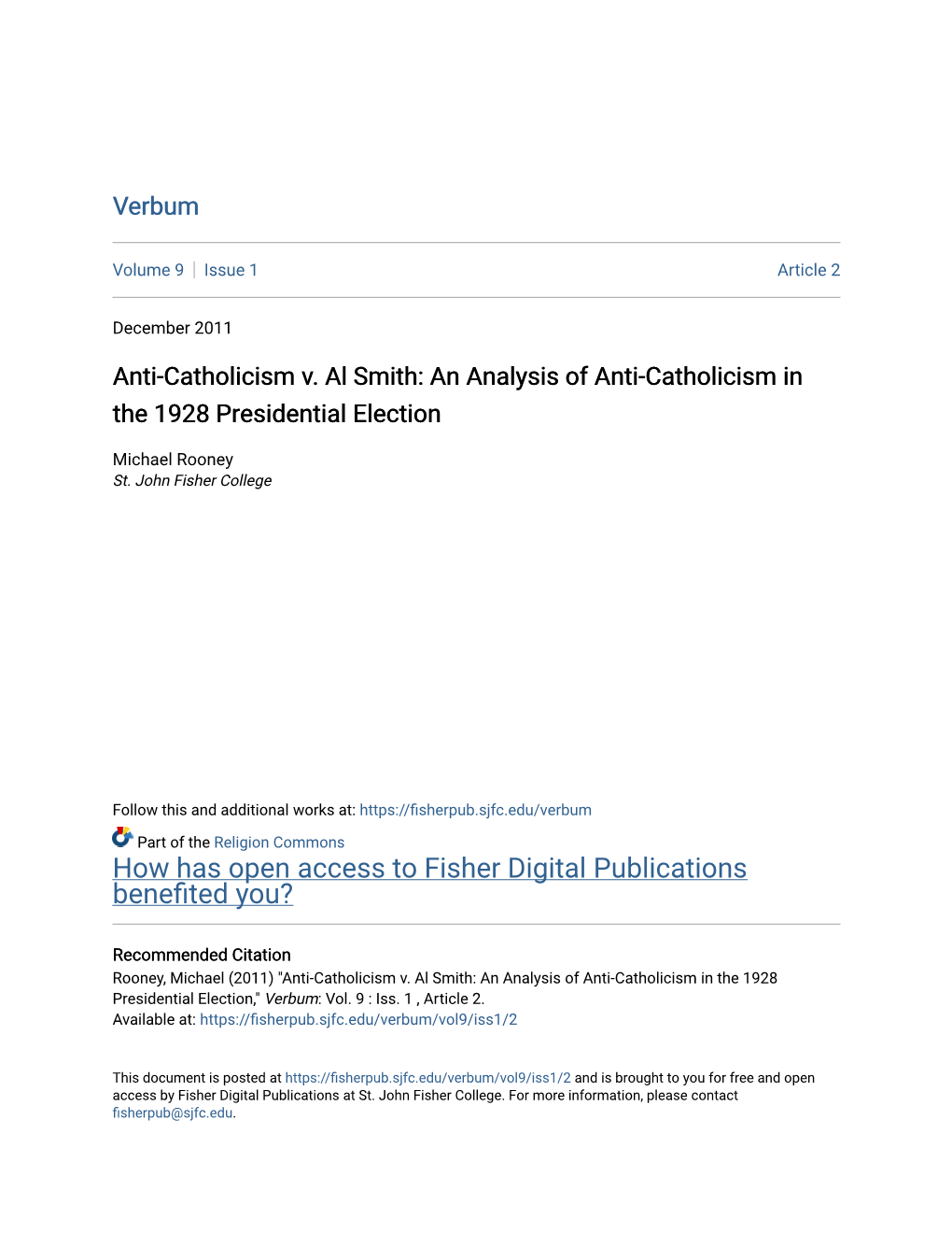 Anti-Catholicism V. Al Smith: an Analysis of Anti-Catholicism in the 1928 Presidential Election