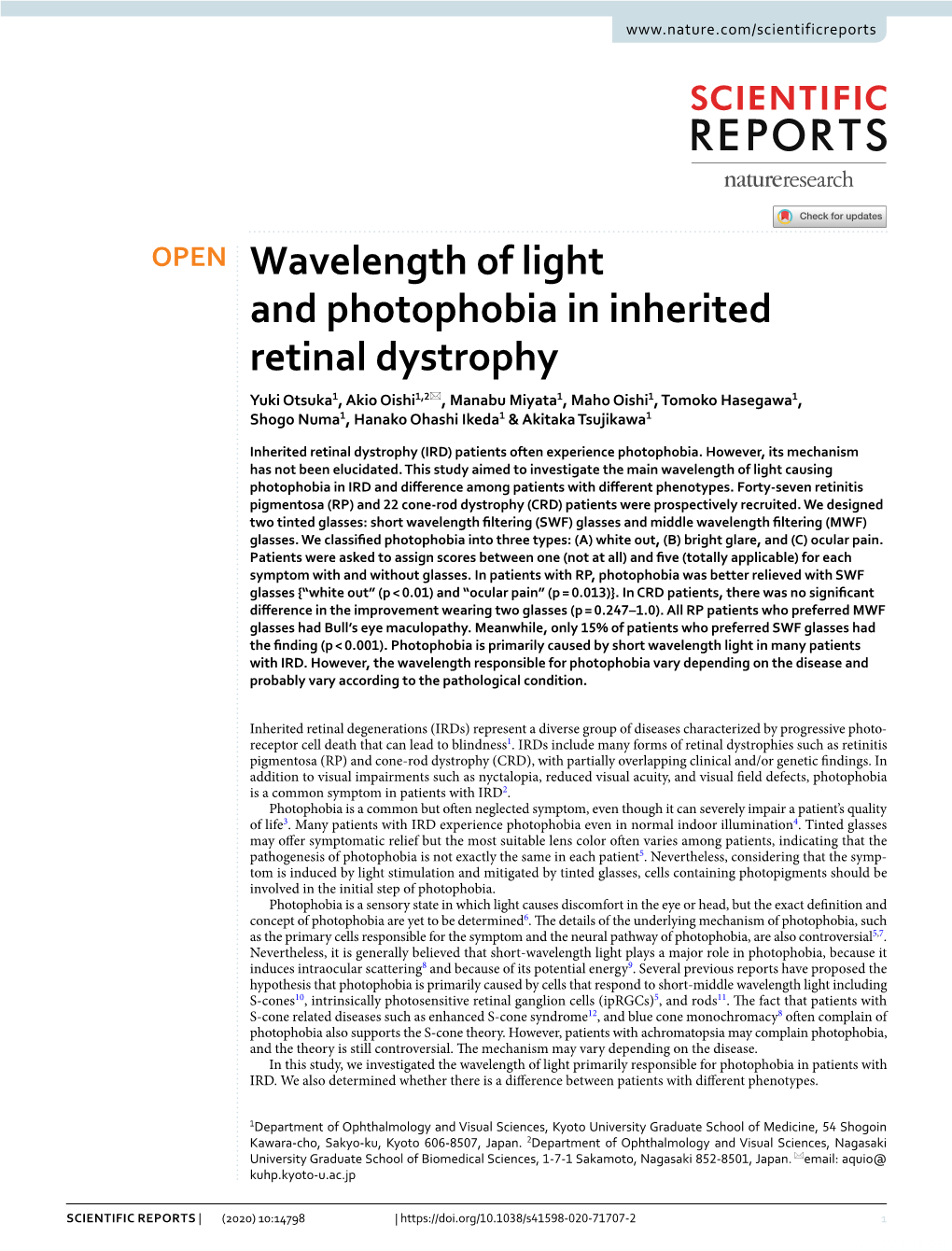 Wavelength of Light and Photophobia in Inherited Retinal Dystrophy