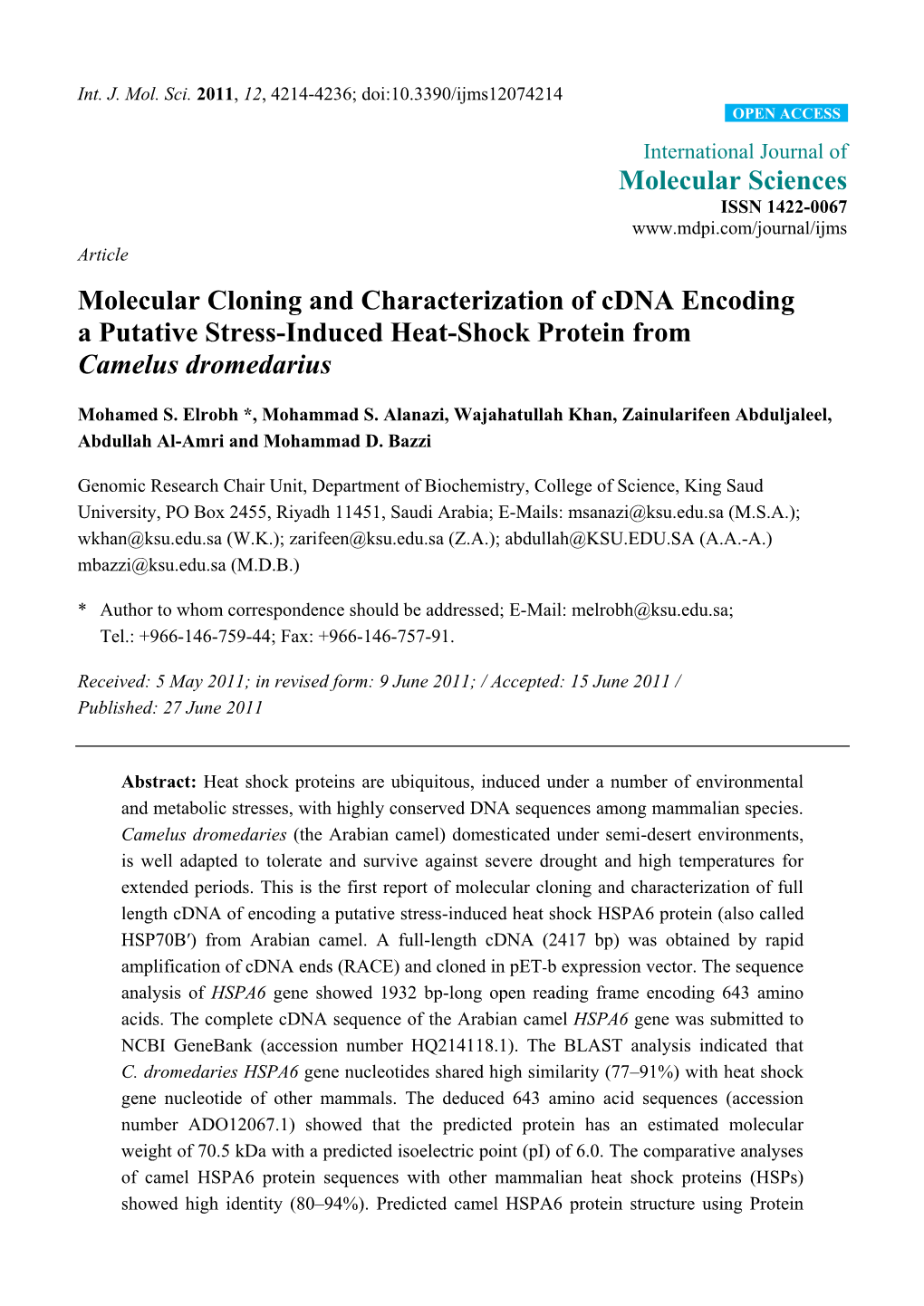 Molecular Cloning and Characterization of Cdna Encoding a Putative Stress-Induced Heat-Shock Protein from Camelus Dromedarius