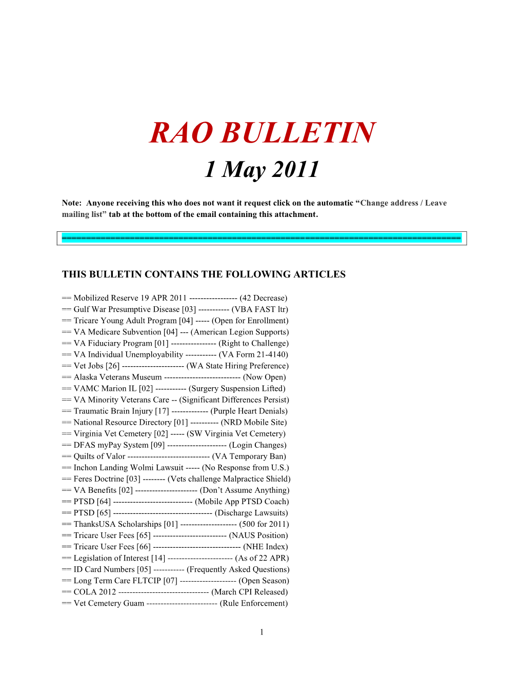 RAO Bulletin Update 15 Oct 2007