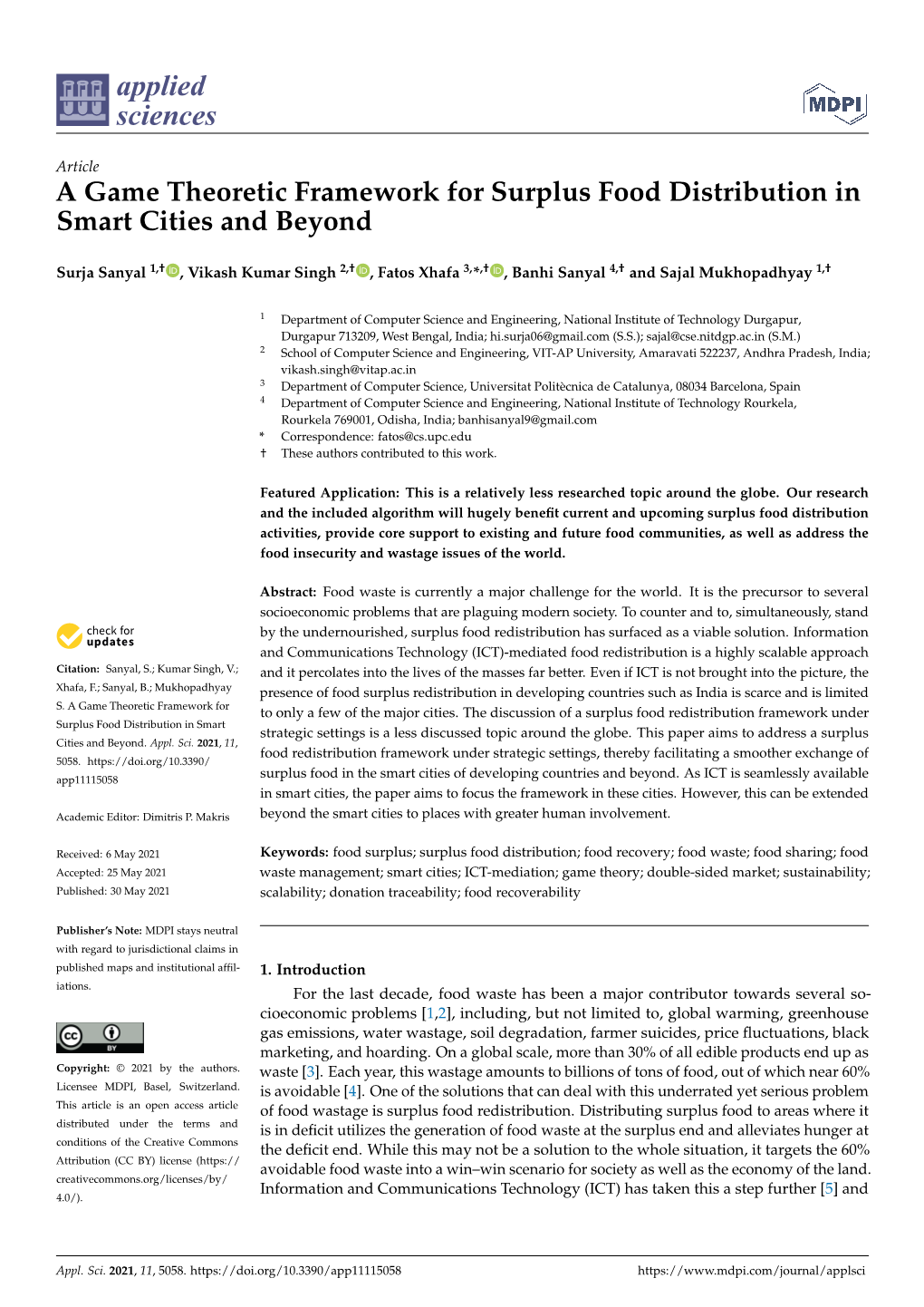 A Game Theoretic Framework for Surplus Food Distribution in Smart Cities and Beyond