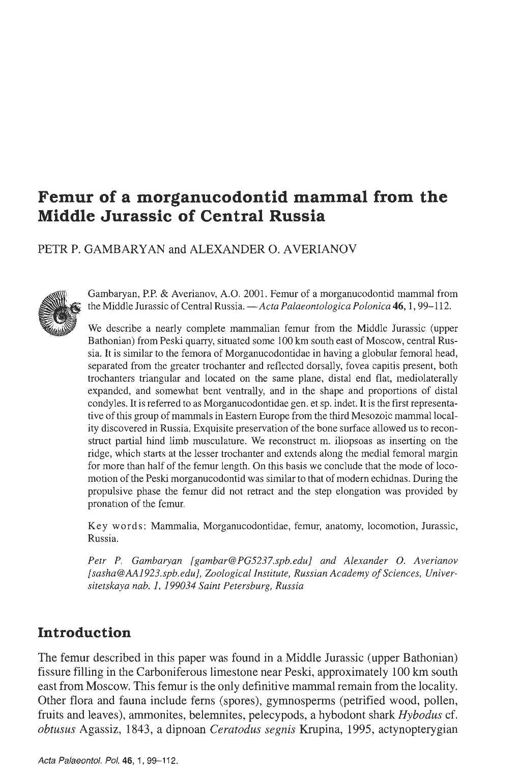 Femur of a Morganucodontid Mammal from the Middle Jurassic of Central Russia