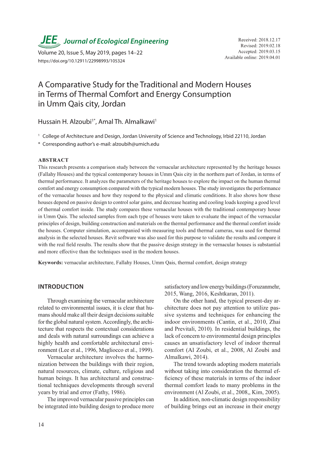 A Comparative Study for the Traditional and Modern Houses in Terms of Thermal Comfort and Energy Consumption in Umm Qais City, Jordan