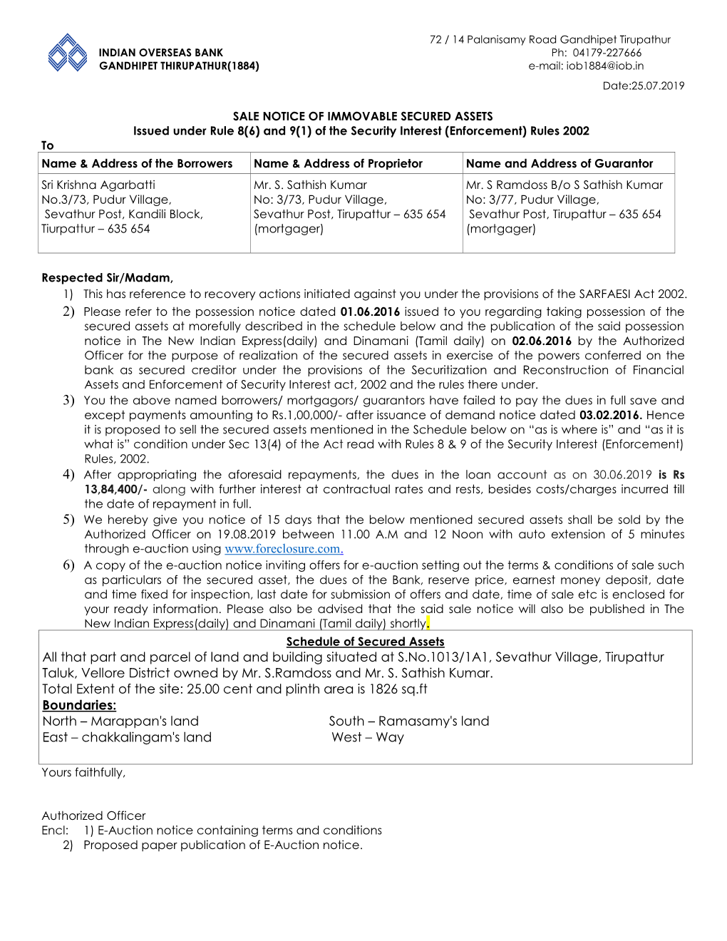 INDIAN OVERSEAS BANK Ph: 04179-227666 GANDHIPET THIRUPATHUR(1884) E-Mail: Iob1884@Iob.In Date:25.07.2019