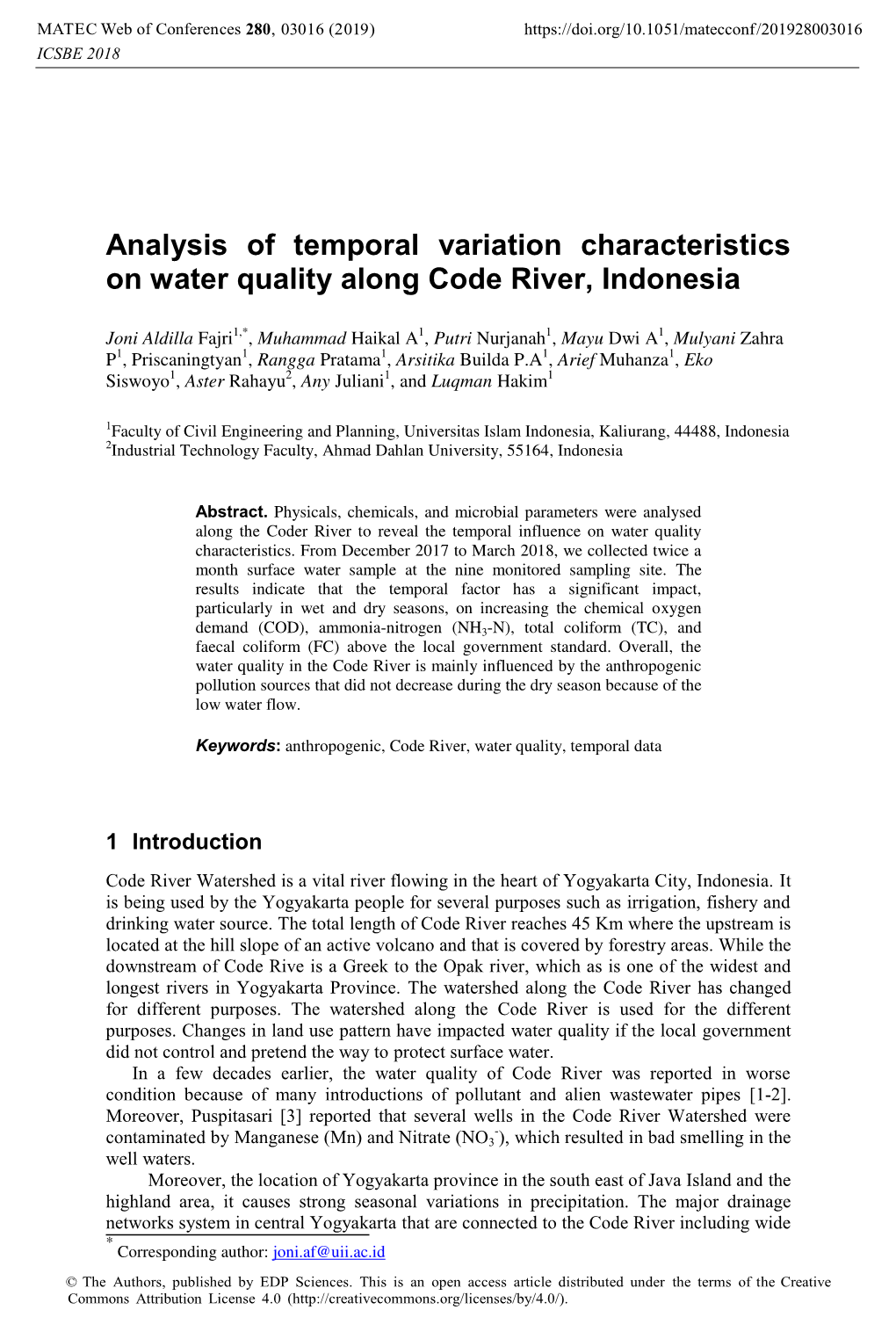 Analysis of Temporal Variation Characteristics on Water Quality Along Code River, Indonesia