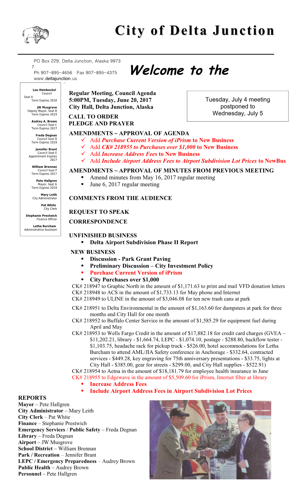 Regular Meeting, Council Agenda