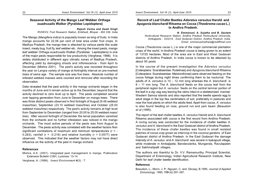 Seasonal Activity of the Mango Leaf Webber Orthaga Euadrusalis Walker