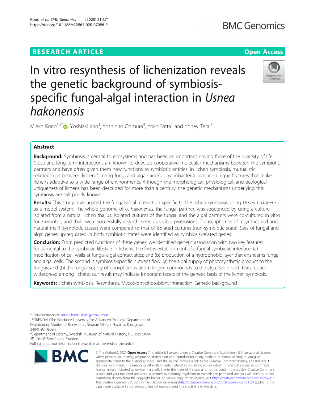 Specific Fungal-Algal Interaction in Usnea Hakonensis