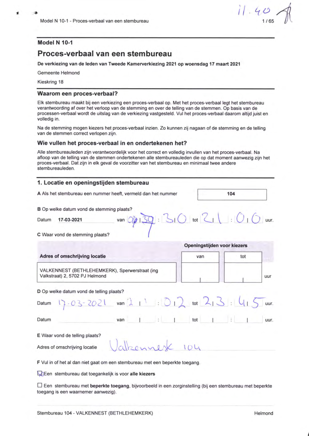 Proces-Verbaal Van Een Stembureau 1 / 65