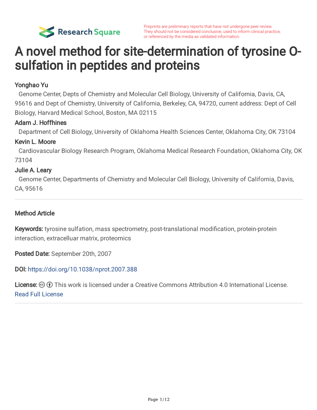 A Novel Method for Site-Determination of Tyrosine O- Sulfation in Peptides and Proteins
